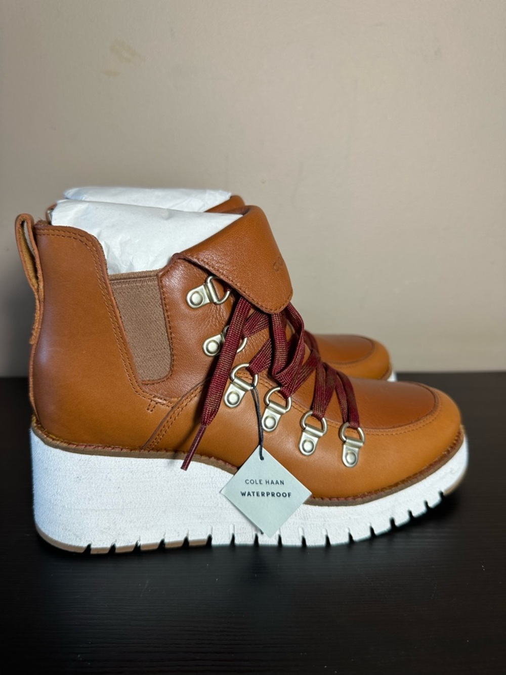 Cole Haan Cognac Leather Wedge Hiker Boots with Burgundy Laces Women’s US 5.5 - Picture 4 of 9